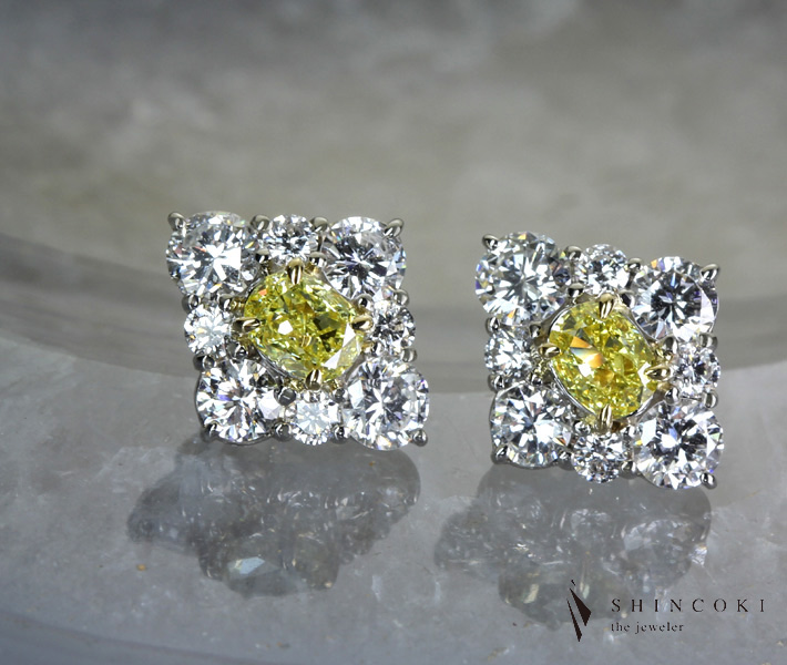 【HANDMADE】イエローダイヤモンド/ダイヤモンド ピアス FANCY INTENSE YELLOW VS1/VVS2 0.302ct/0.305ct Pt950/K18 ※中央宝石研究所ソーティングシート付