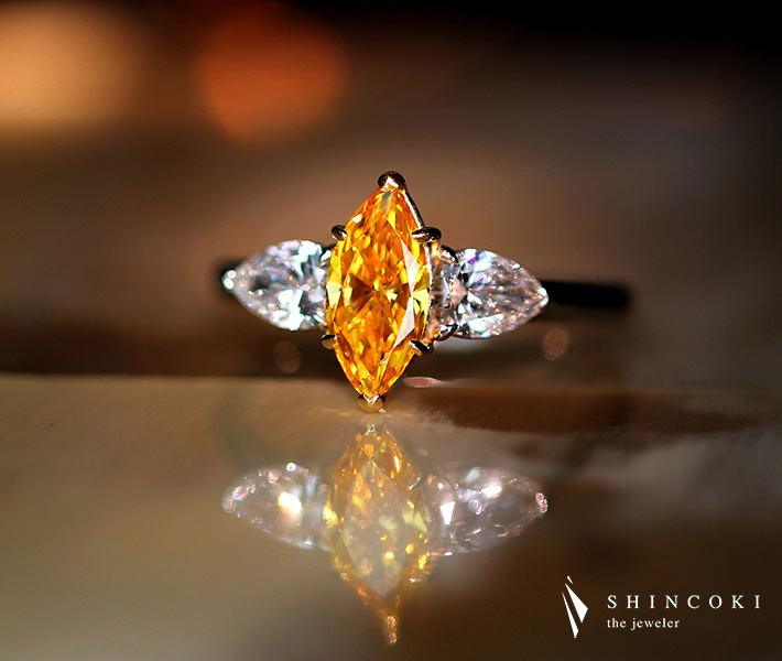 【HANDMADE】PT950/K18PG 0.87ct FANCY VIVID YELLOW ORANGE SI1 ダイヤモンド リング 0.606ct ダイヤモンド ※GIA鑑定書付