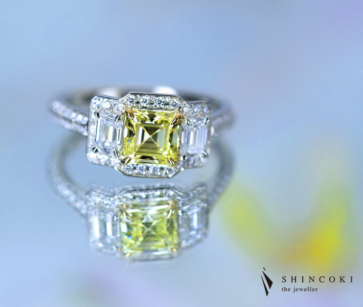 【HANDMADE】PT950 イエローダイヤモンド リング 1.05ct FANCY YELLOW VS2 0.791ct ダイヤモンド ※GIA鑑定書付