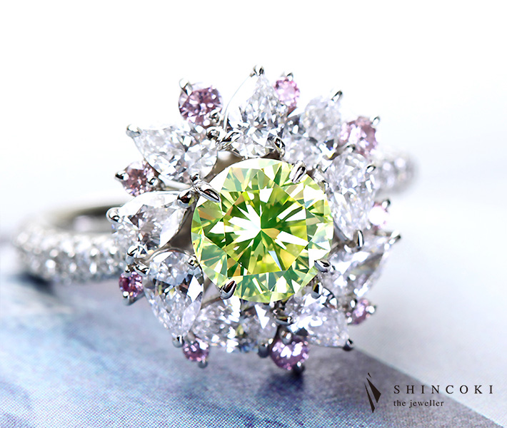 【HANDMADE】PT950 1.235ct FANCY INTENSE YELLOW GREEN　VS1　インテンスグリーン ダイヤモンド リング