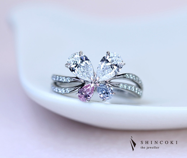 【HANDMADE】PT950 ブルーダイヤモンド ピンクダイヤモンド リング 0.5ct D VVS/0.5ct D VVS/0.141ct Fancy Pink SI1/0.123ct Fancy Blue VS2　※GIAミニ鑑定書・AGTソーティング付