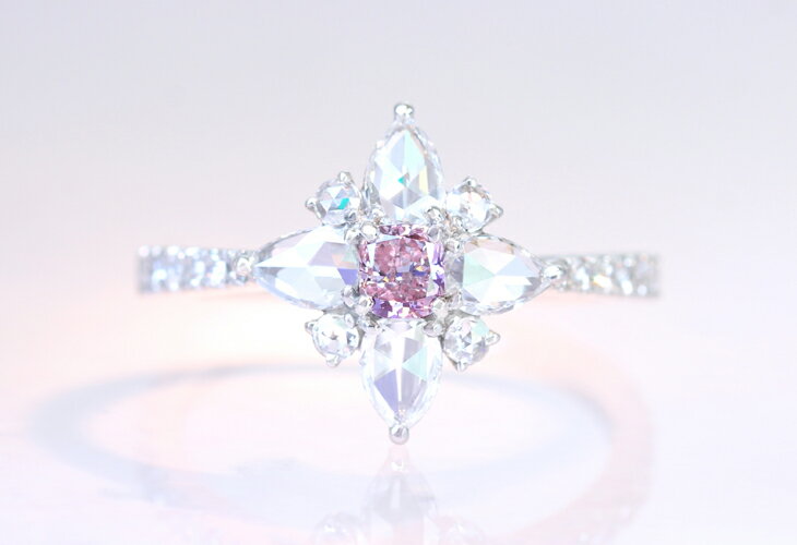 【HANDMADE】PT950 ピンクダイヤモンド 0.2ct FANCY PINK VS1 クッションカット ローズカットダイヤモンド 0.673ct ペアシェイプ ※CGLソーティング付