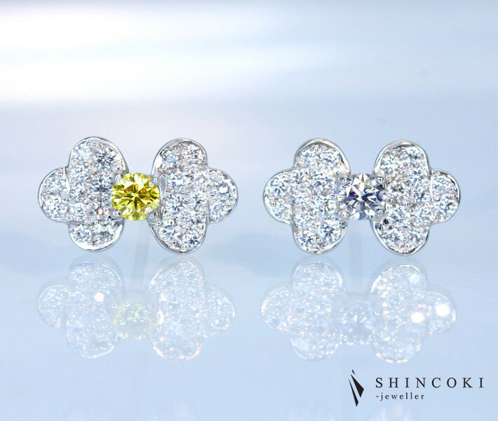 【HANDMADE】 PT950 イエローダイヤモンド/ブルーグレーダイヤモンド ピアス FANCY VIVID YELLOW/LIGHT BLUISH GRAY 0.111ct/0.116ct Total 0.342ct ダイヤモンド ピアス【送料無料】ヴィヴィッドイエロー “CLOUD with Diamonds”