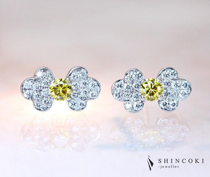 【HANDMADE】 PT950 イエローダイヤモンド ピアス FANCY VIVID YELLOW 0.106ct/0.106ct Total 0.23ct ダイヤモンド ピアス【送料無料】ヴィヴィッドイエロー 天然イエローダイヤモンド “CLOUD with Diamonds”