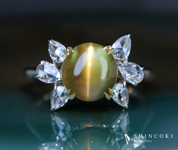 【HANDMADE】PT950/K18 クリソベリルキャッツアイ 3.44ct ローズカットダイヤモンド 0.487ct リング　〔GRS REPORT〕 黄金の美しさ 3ctUP トップクオリティ