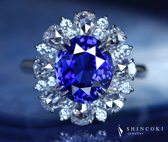 【HANDMADE】PT950 非加熱ロイヤルブルーサファイア 5.90ct リング ダイヤモンド 1.402ct 〔GRS REPORT〕 ROYAL BLUE ノーヒート ローズカットダイヤモンド