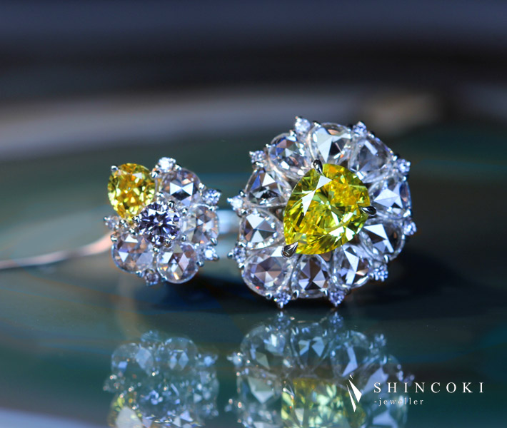 【HANDMADE】PT950 イエローダイヤモンド 0.92ct FANCY VIVID YELLOW リング 0.108ct FANCY VAIOLETISH GRAY VS2 0.271ct FANCY VIVID YELLOW VS2 〔GIA/CGL/AGT〕天然ブルーダイヤメレ