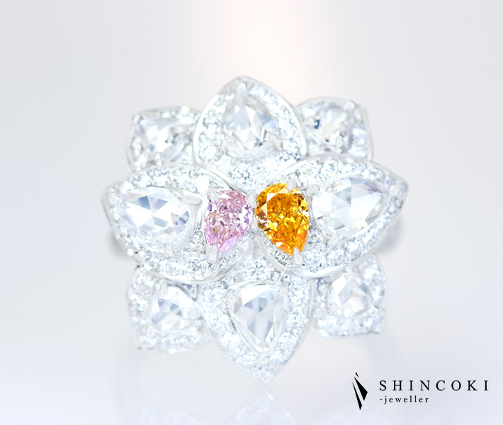 【HANDMADE】PT950 天然ピンクダイヤモンド　0.171ct FANCY PINK VS-1 天然オレンジダイヤモンド　0.245ct FANCY VIVID YELLOW ORANGE SI-2 ダイヤモンド　1.726ct リング