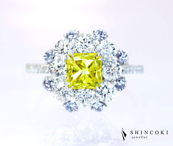 【HANDMADE】PT950 イエローダイヤモンド 1.15ct FANCY INTENSE YELLOW VVS-1 リング ダイヤモンド total1.111ct D VS-1 3EX H&C 天然ブルーダイヤモンドメレ〔GIA〕