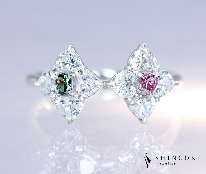 【HANDMADE】PT950 天然ピンクダイヤモンド　0.077ctct FANCY VIVID PURPLISH PINK SI-2 天然グリーンダイヤモンド　0.043ct FANCY VIVID GREEN SI-2 ダイヤモンド　0.903ct ハートシェイプ　リング[CGL]　