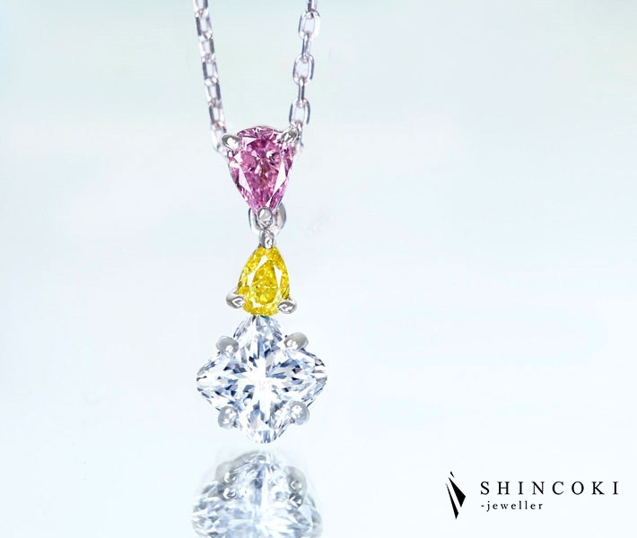 【HANDMADE】PT950 0.552ct H SI-2 ピンクダイヤモンド 0.102ct FANCY INTENSE PURPLISH PINK I-1 イエローダイヤモンド 0.061ct FANCY VIVID YELLOW VS1 ペンダントトップ リリーカットダイヤモンド[CGL/AGT]