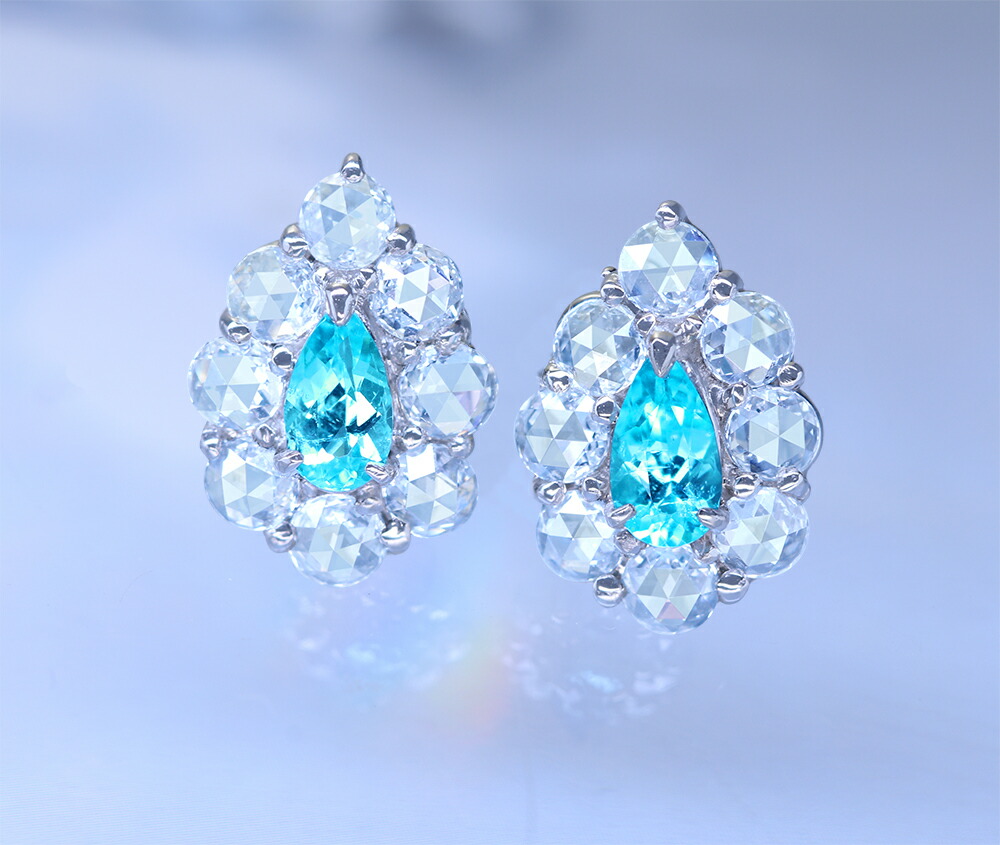 【HANDMADE】PT950 ブラジル産パライバトルマリン ペアシェイプ 0.088ct/0.088ct ローズカットダイヤモンド 0.189ct/0.189ct ピアス