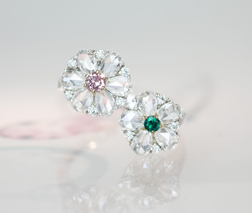【HANDMADE】PT950/K18YG/K18PG　ピンクダイヤモンド　0.093ct　FANCY LIGHT PURPLISH PINK　SI-1　エメラルド　0.047ct　ローズカットダイヤモンド　1.232ct　リング　フラワーモチーフ　フラワートワエモア