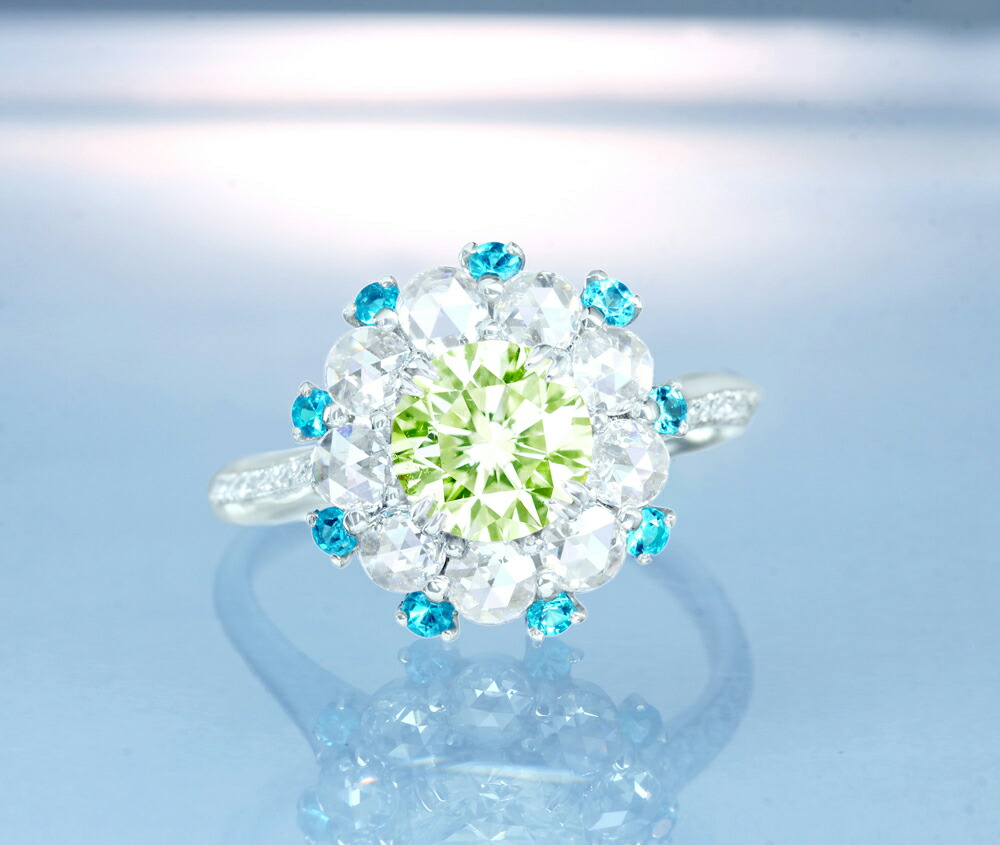 “Early summer Collection”【HANDMADE】　PT950PT950　グリーンイエローダイヤモンド　1.129ct　LIGHT GREEN YELLOW　SI-2　パライバトルマリン　0.156ct　ローズカットダイヤモンド　0.611ct　ダイヤモンドメレ　0.126ct　リング[CGL]