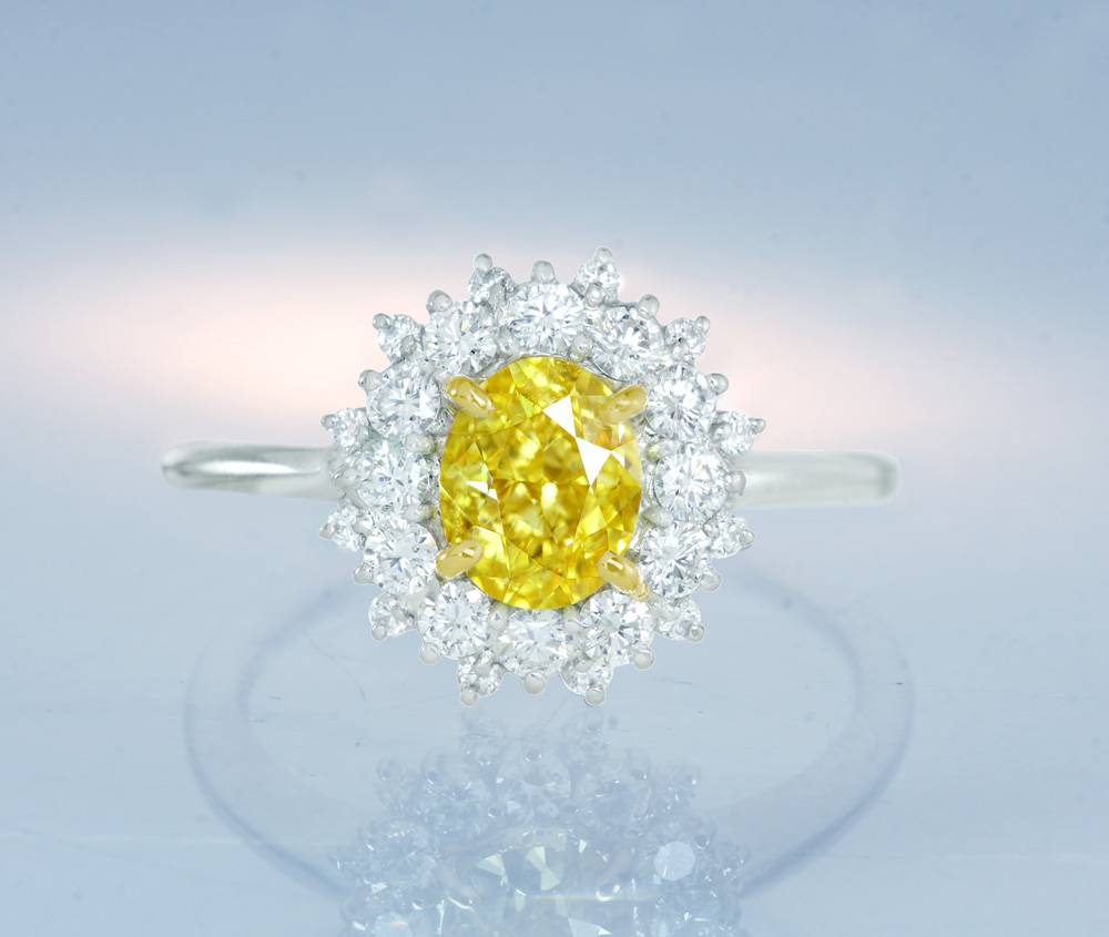 【特別価格】【HANDMADE】PT950/K18YG　イエローダイヤモンド　1.002ct　FANCY VIVID YELLOW　SI-1　ダイヤモンド 0.396ct　リング　フラワーモチーフ[CGL]