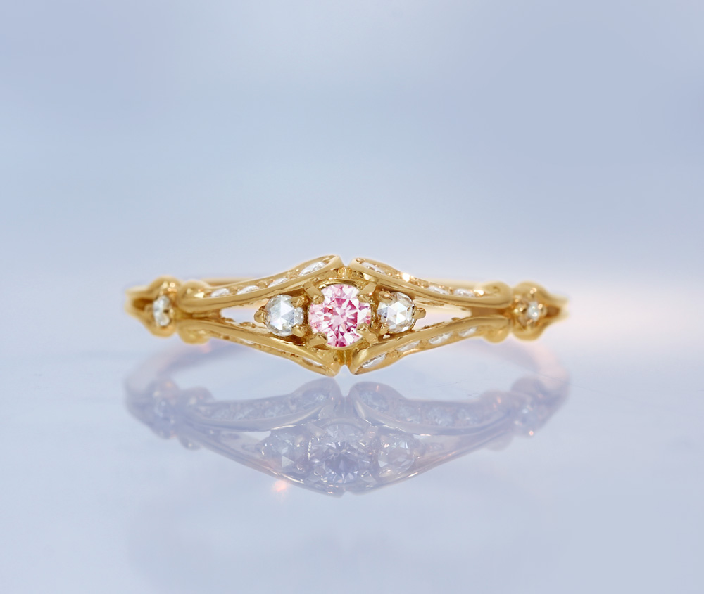 【HANDMADE】K18PG　天然ピンクダイヤモンド　0.070ct　FANCY LIGHT PINK SI-2　ダイヤモンド　0.186ct　リング　ローズカット[CGL]