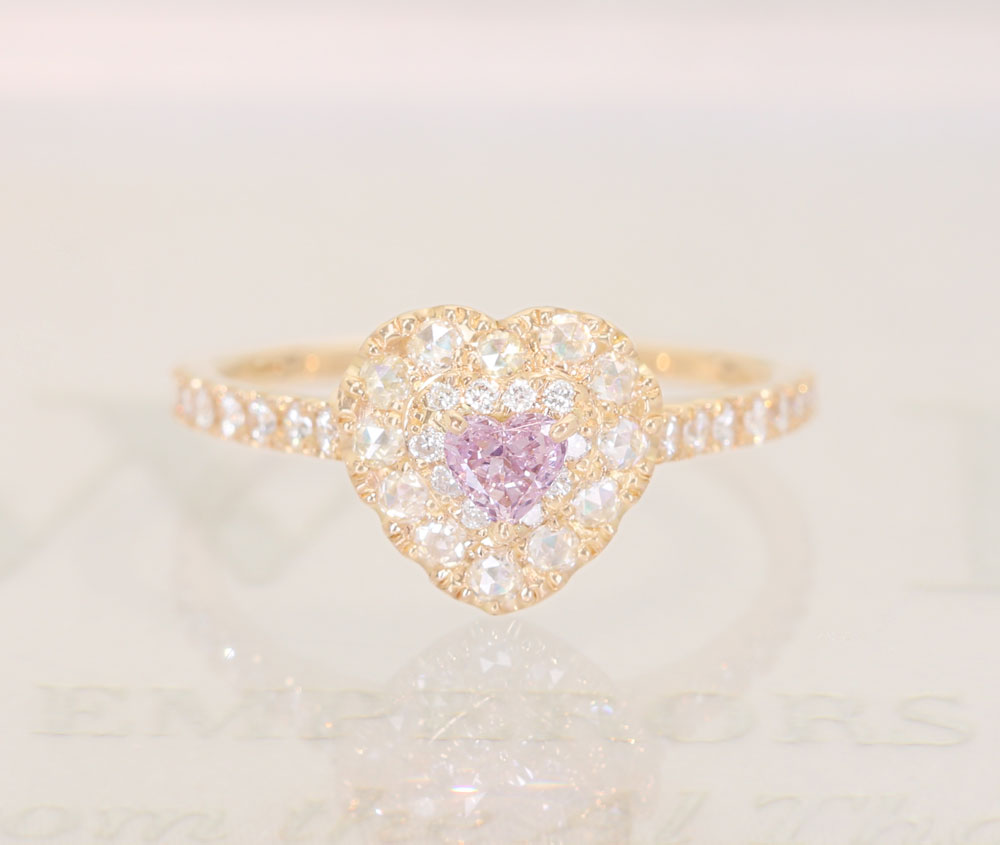 【HANDMADE】K18PG　天然ピンクダイヤモンド　0.146ct　FANCY LIGHT PURPLISH PINK　SI-1　ダイヤモンド 0.361ct　リング　ハートシェイプ　ローズカットダイヤモンド[CGL]