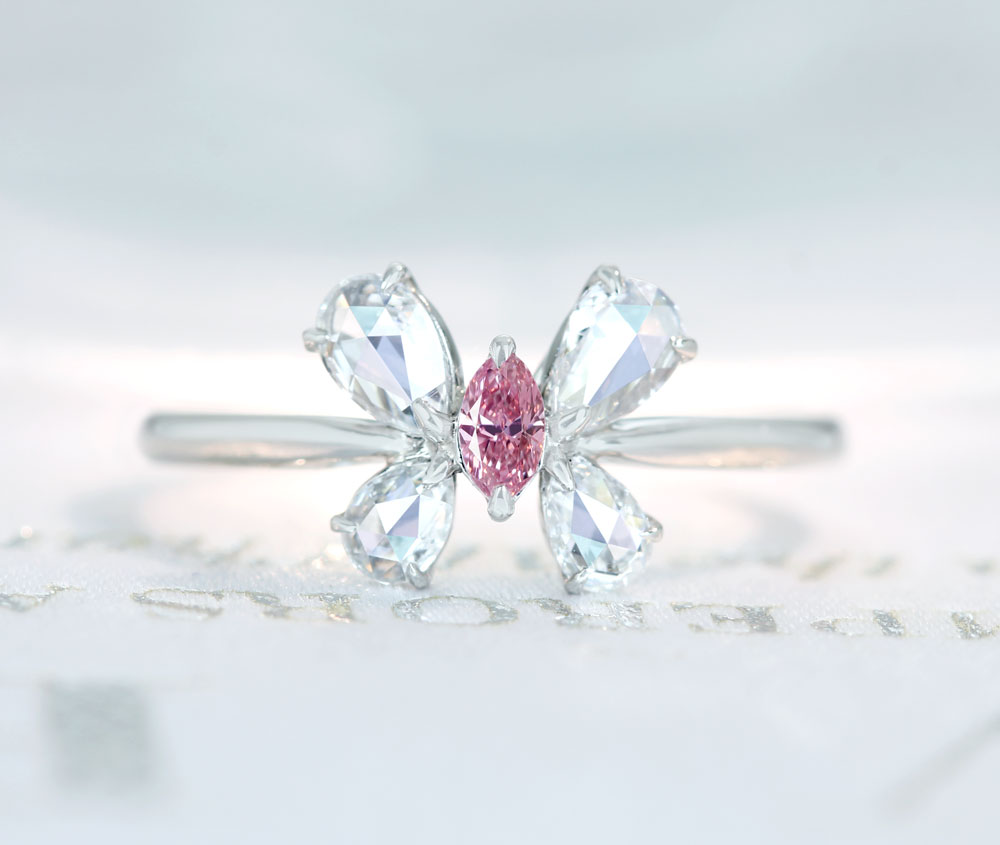 【HANDMADE】PT950 天然ピンクダイヤモンド　0.081ct FANCY INTENSE PINK VS-1 ダイヤモンド　0.371ct ローズカット　リング　蝶モチーフ