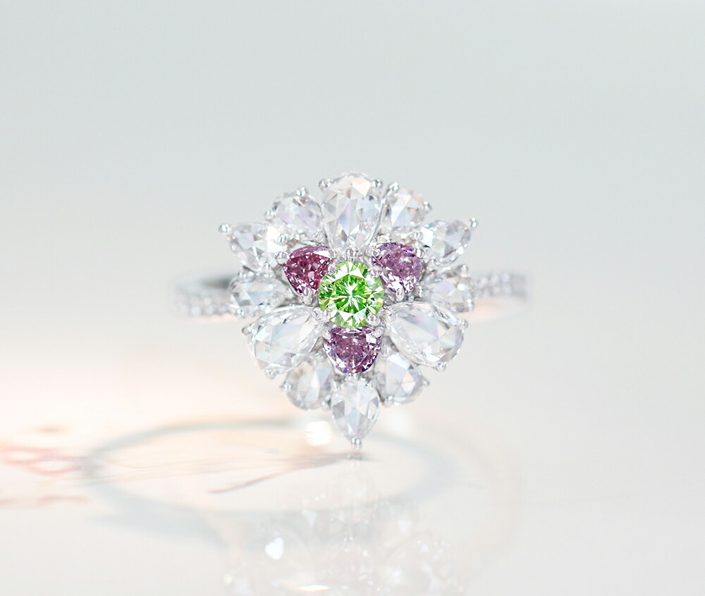 【HANDMADE】PT950　グリーンダイヤモンド　0.145ct　FANCY INTENSE YELLOW GREEEN　VS-1　天然ピンクダイヤモンド　0.065ct　FANCY INTENSE PINK　ローズカットダイヤモンド