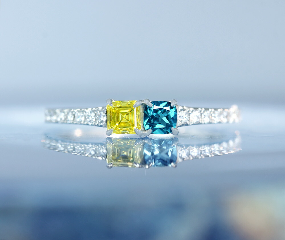 【HANDMADE】PT950 ブラジル産パライバトルマリン　0.128ct　天然イエローダイヤモンド　0.228ct FANCY VIVID YELLOW VVS-2 ダイヤモンド　0.224ct リング