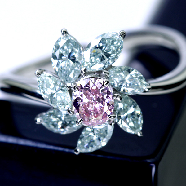 【HANDMADE】PT950　0.25ct FANCY PURPLISH PINK SI2ピンク＆グリーンダイヤモンドフラワーモチーフリング