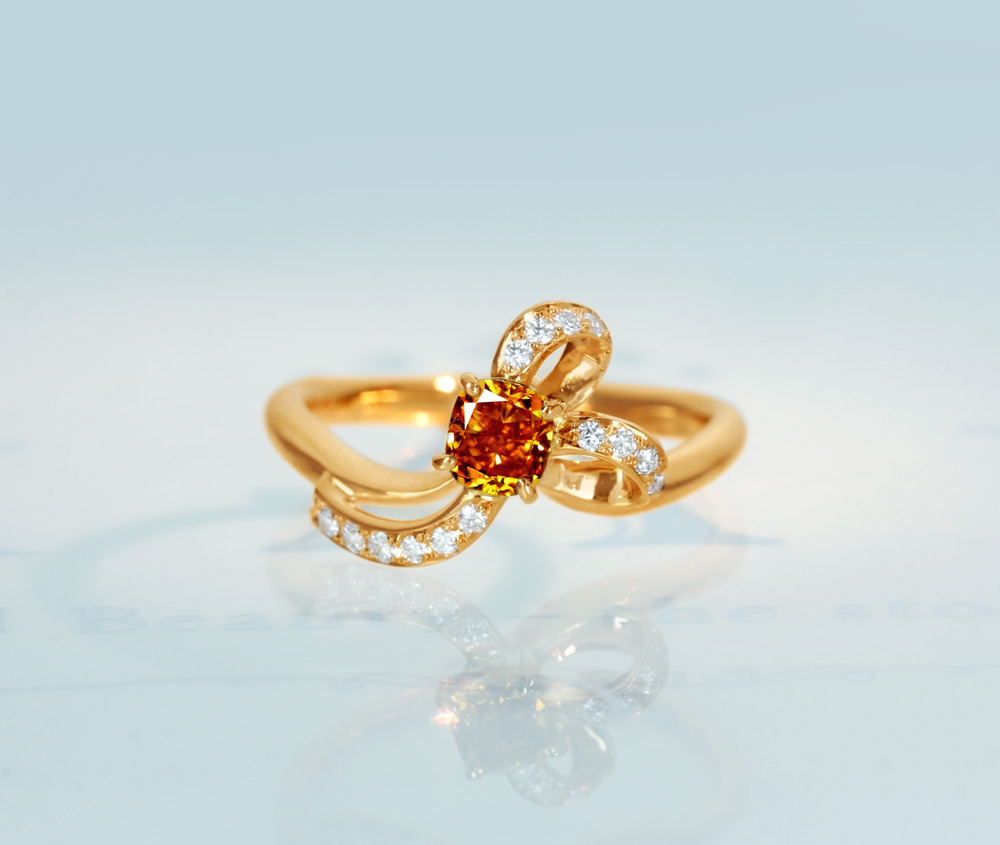 【HANDMADE】K18PG　天然オレンジダイヤモンド　0.422ct　FANCY DEEP BROWNISH YELLOWISH ORANGE　VS-2　ダイヤモンド　0.111ct　リング[CGL]