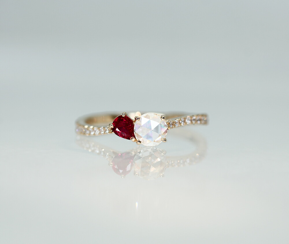 【HANDMADE】《FORTUNE RING》K18PG　非加熱　ピジョンブラッドルビー　0.18ct　ローズカットダイヤモンド　0.214ct　J VS1　 ダイヤモンド　0.137ct　リング　　[AIGS][中央宝石研究所]