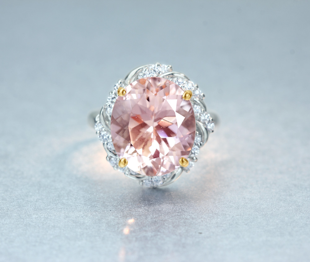 【HANDMADE】PT900/K18PG　モルガナイト　7.67ct　ダイヤモンド　0.36ct　リング