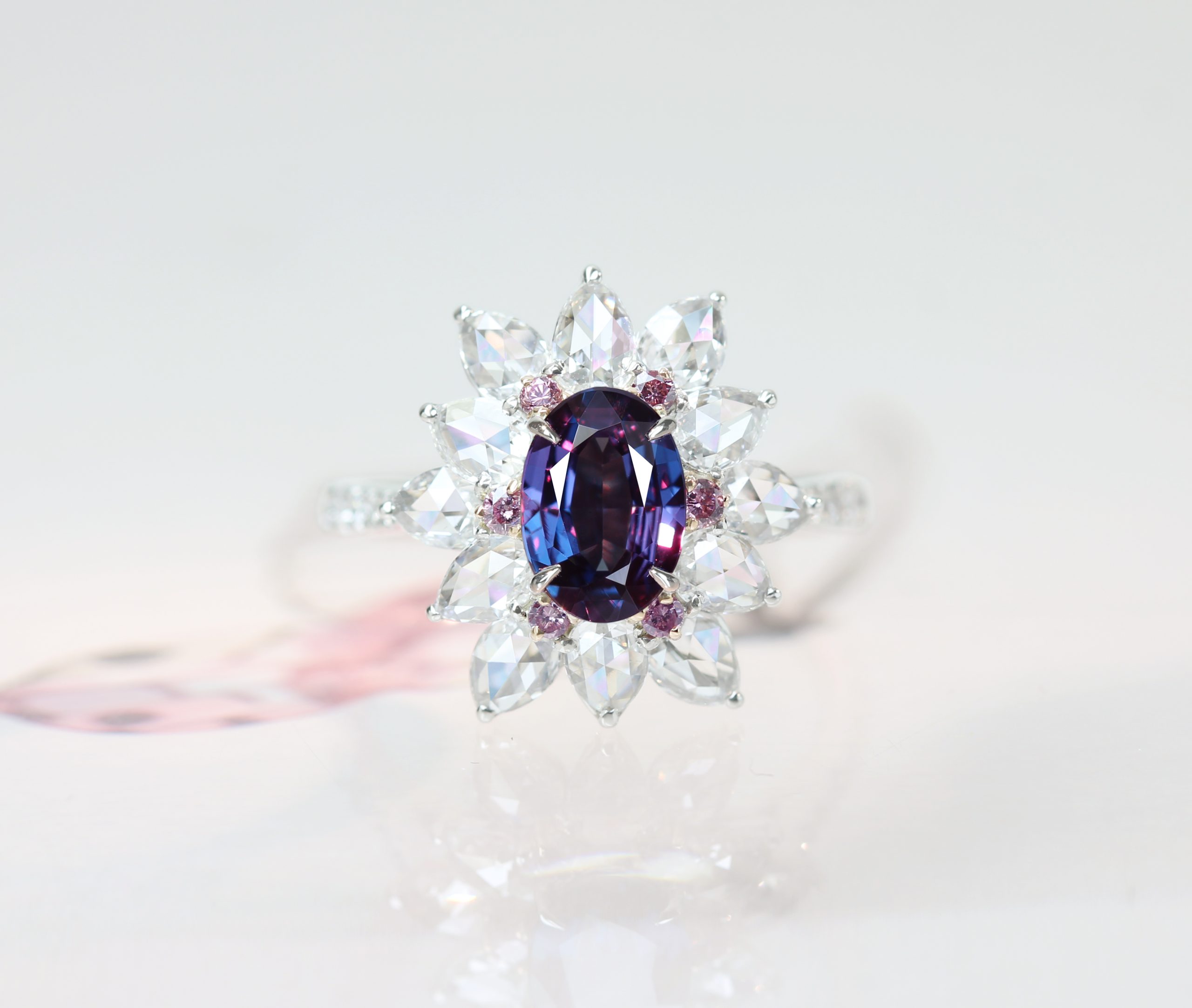 【HANDMADE】PT950/K18PG　ブラジル産　アレキサンドライト　1.03ct　天然ピンクダイヤモンド　0.107ct　ローズカットダイヤモンド/ダイヤモンド　1.37ct　リング[GIA/AGT]