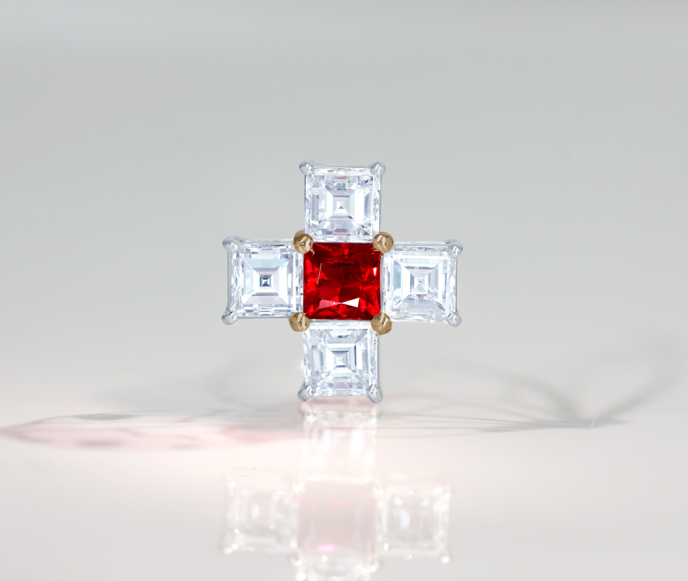 【HANDMADE】PT950/18PG　ビルマ産非加熱ビジョンブラッドルビー　0.34ct　ダイヤモンド　1.02ct　ペンダントトップ　クロスモチーフ[GRS]