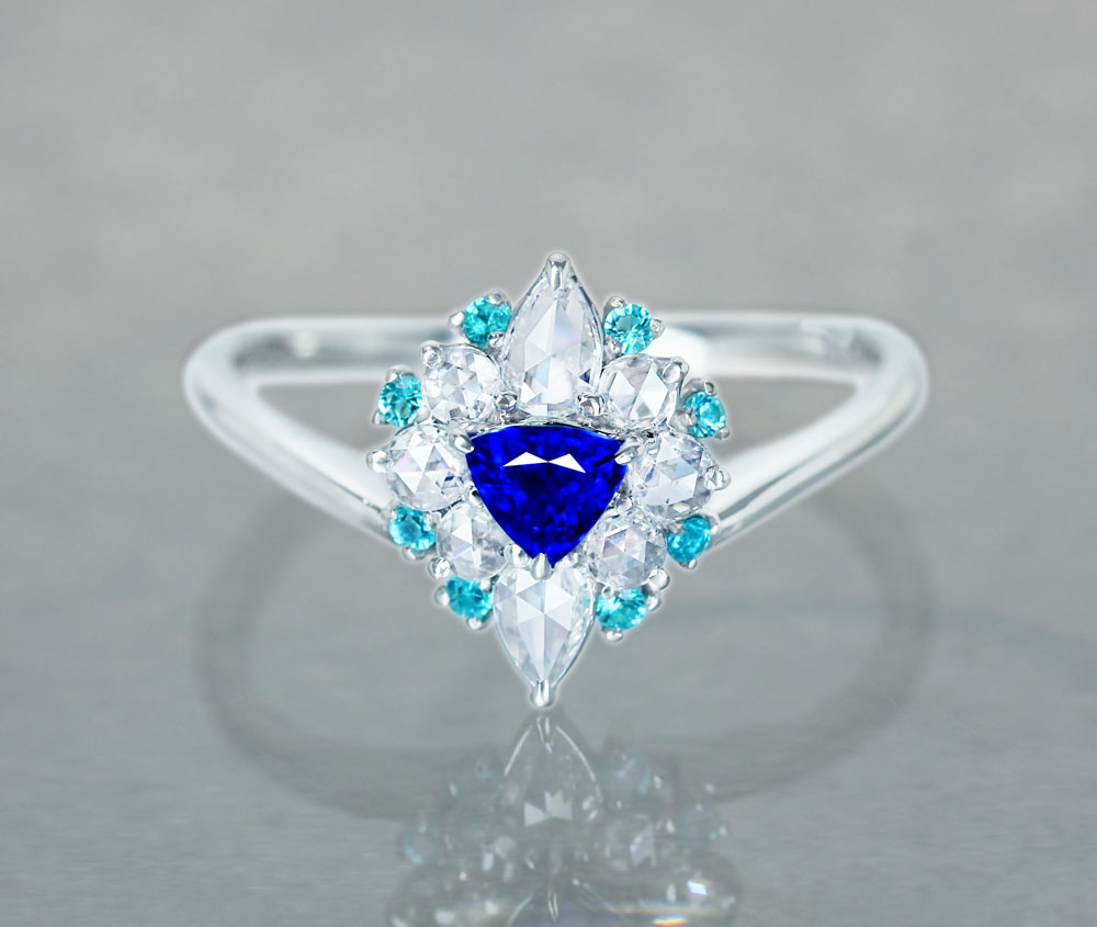 【HANDMADE】PT950 アウイナイト 0.185ct　パライバトルマリン　0.062ct　ダイヤモンド　0.251ct　リング