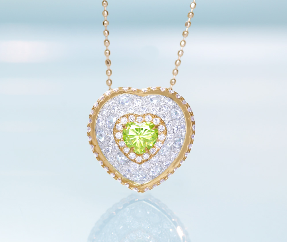 【HANDMADE】PT950/K18PG　グリーンダイヤモンド　0.550ct　FANCY INTENSE YELLOW GREEN　SI-2　ダイヤモンド　0.773ct　ペンダントトップ　ハートシェイプ[CGL]