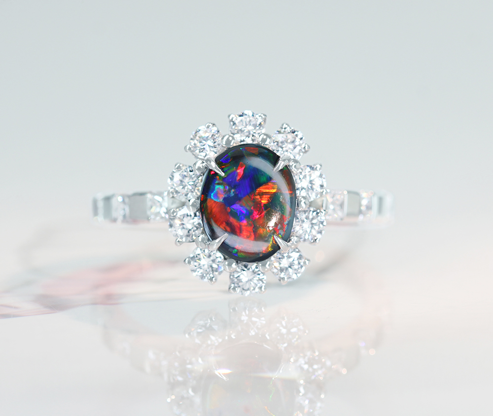 【HANDMADE】PT950　ブラックオパール　0.93ct　ダイヤモンド　0.761ct　リング[GGSJ]