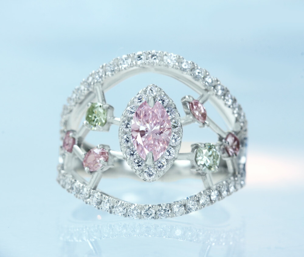 【HANDMADE】PT950　パープルダイヤモンド　0.479ct　FANCY LIGHT PINK PURPLE SI-2　ダイヤモンド　0.443ct リング　マーキス