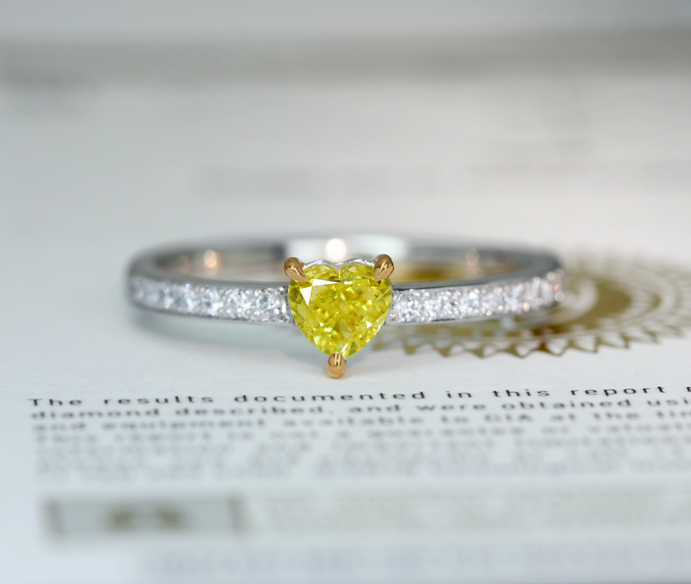 【HANDMADE】PT950/K18PG　天然イエローダイヤモンド　0.381ct　FANCY INTENSE YELLOW　SI-2　ダイヤモンド　0.128ct　リング　ハートシェイプ[CGL]