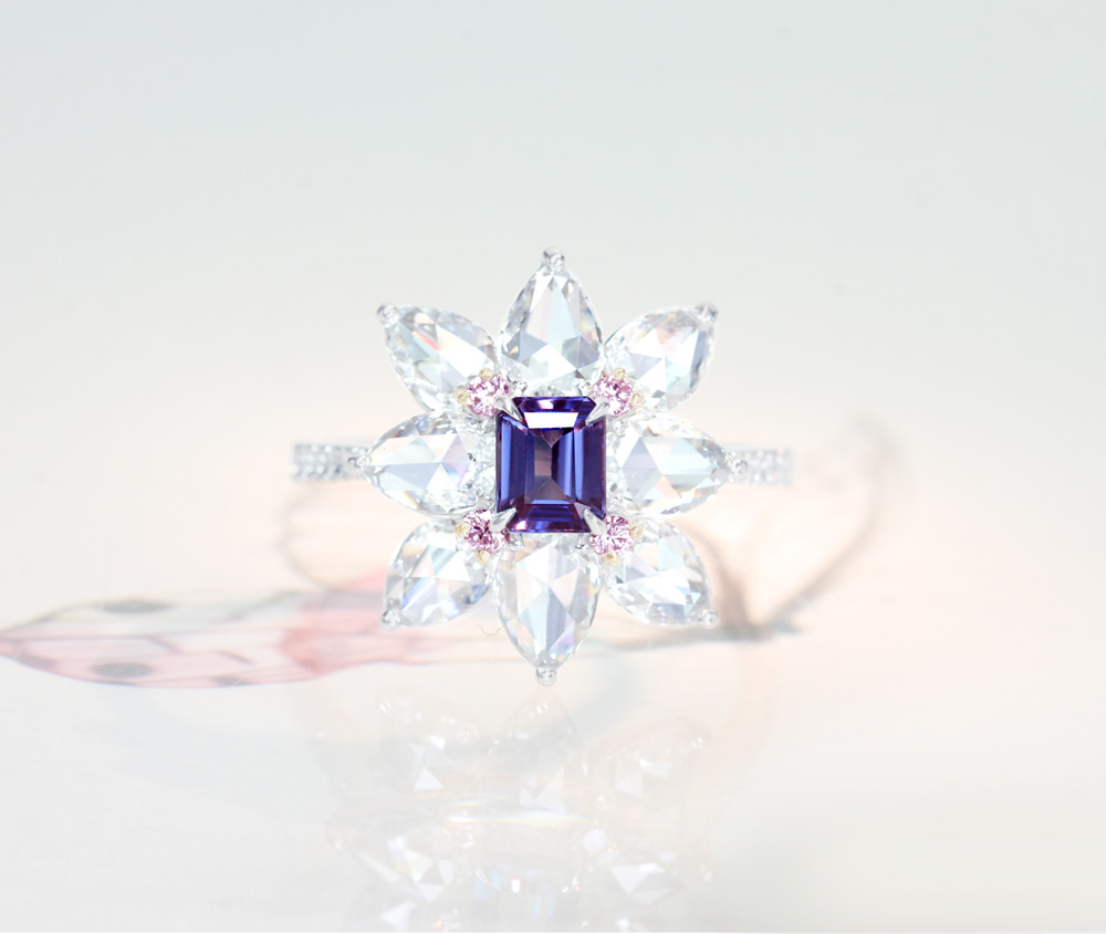 【HANDMADE】PT950/K18PG　アレキサンドライト　0.483ct　ピンクダイヤモンド　0.075ct　ダイヤモンド 1.646ct　リング　ローズカット　ペアシェイプ