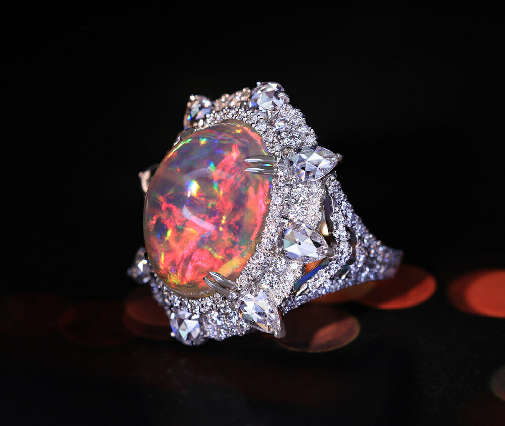 【HANDMADE】PT950 メキシコオパール 11.64ct ダイヤモンド 2.497ct リング ローズカットダイヤモンド