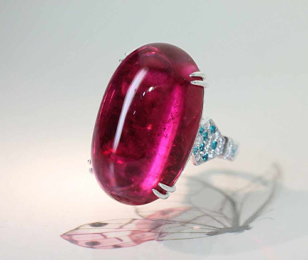 【HANDMADE】PT950　ルベライト　50.585ct　パライバトルマリンメレ　0.256ct　ダイヤモンド　0.701ct　リング　ローズカットダイヤモンド