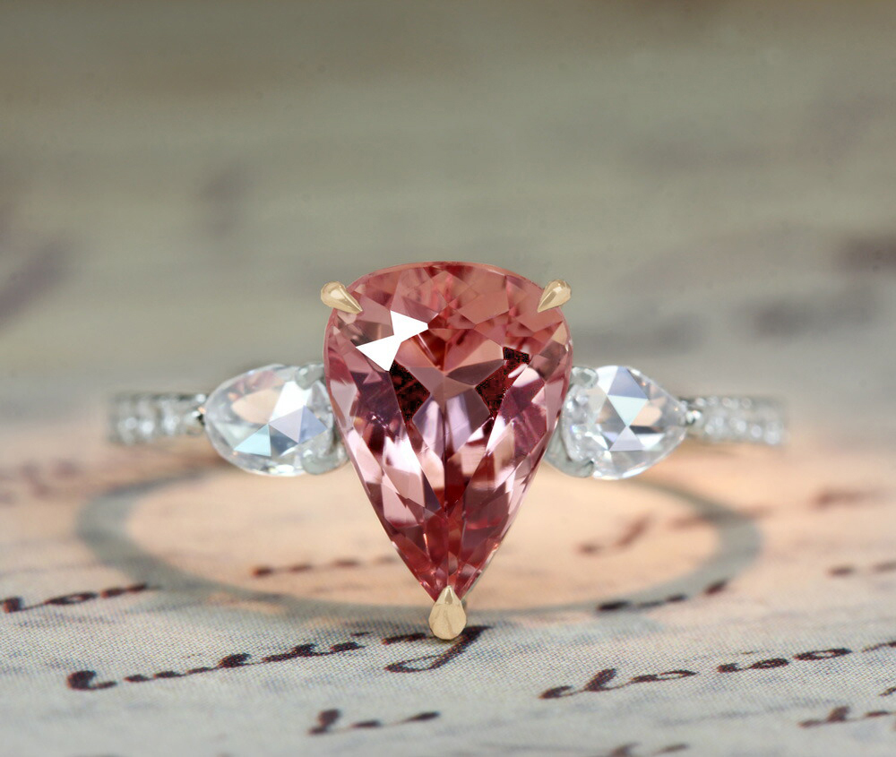 【HANDMADE】PT950/K18PG　インペリアルトパーズ　1.796ct　ダイヤモンド　0.325ct　リング　ペアシェイプ　ローズカット