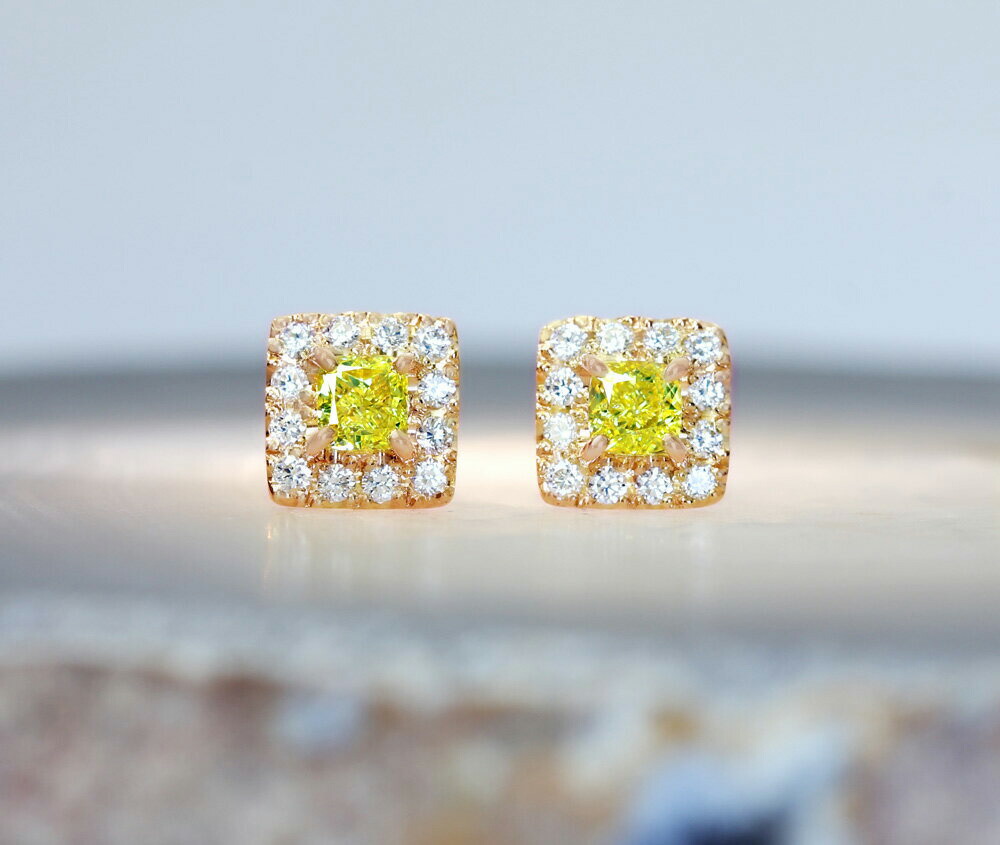 【HANDMADE】K18PG 天然イエローダイヤモンド　FANCY INTENSE YELLOW SI-1 0.245ct/0.243ct ダイヤモンド　0.111ct/0.111ct ピアス