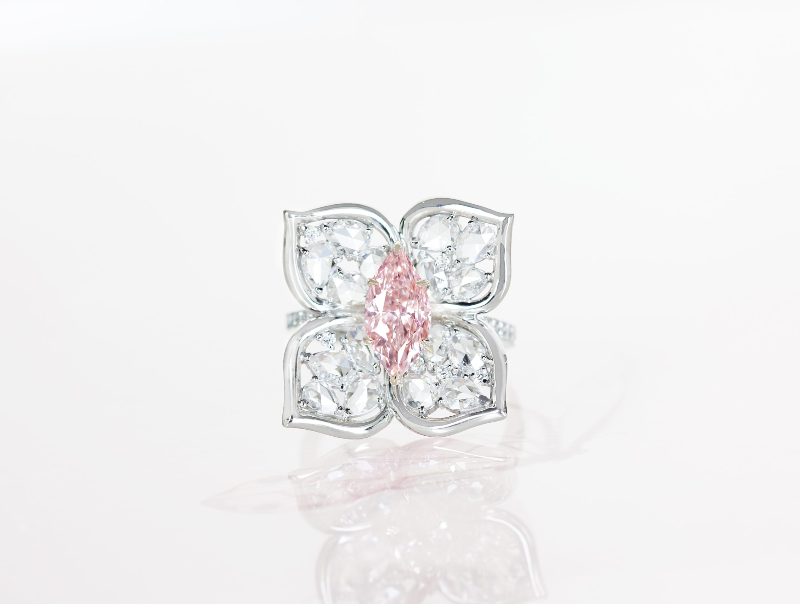 【HANDMADE】PT950/K18PG　ピンクダイヤモンド　1.202ct　FANCY LIGHT ORANGY PINK　VS-1　TYPE2　ダイヤモンド　1.628ct　リング　マーキスカット　ローズカット[CGL]