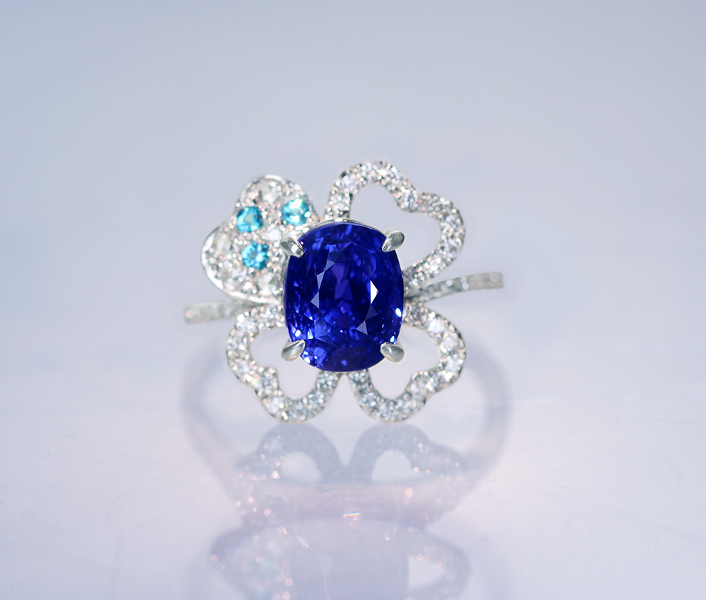 【HANDMADE】PT950　非加熱スリランカ産カラーチェンジサファイア　3.13ct　パライバトルマリン　0.054ct　ダイヤモンド 0.358ct　リング[GIA]