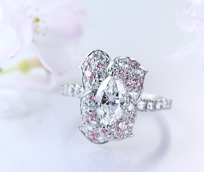 【HANDMADE】ダイヤモンド/ピンクダイヤモンド リング 0.86ct F VS1 マーキスカット 0.69ctダイヤモンド 　Pt950 ※GIA鑑定書・中央宝石研究所ソーティングシート付