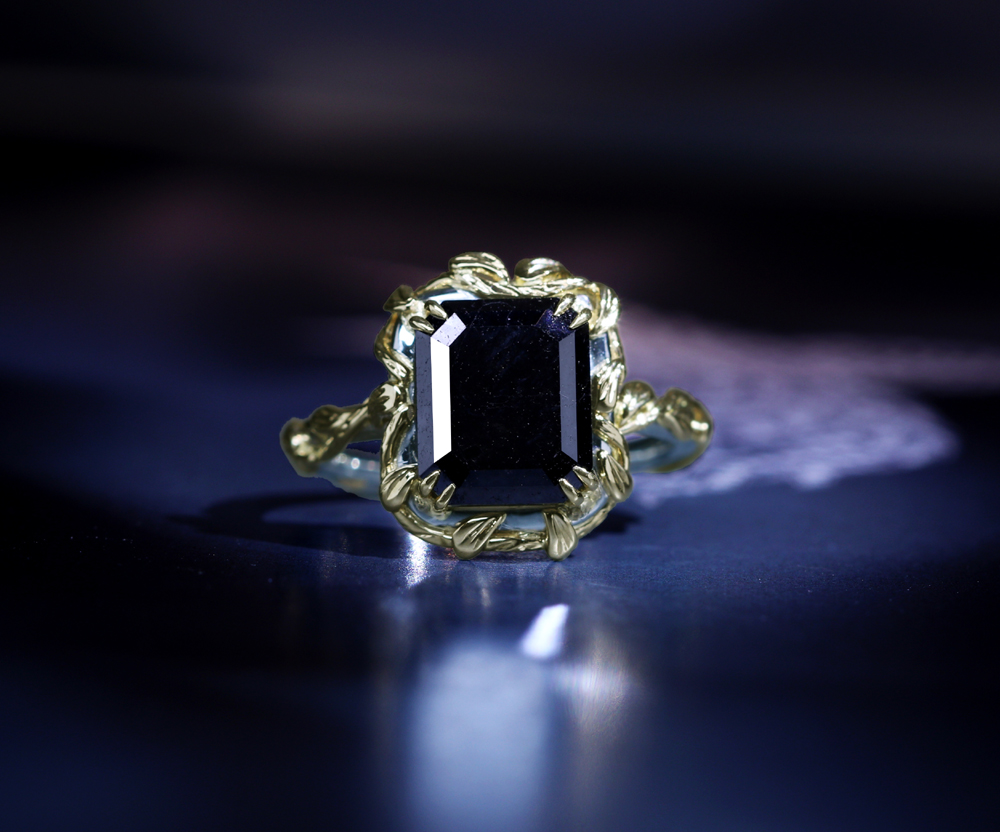 【HANDMADE】PT950/K18YG　ブラックダイヤモンド 3.907ct リング ローズデザイン