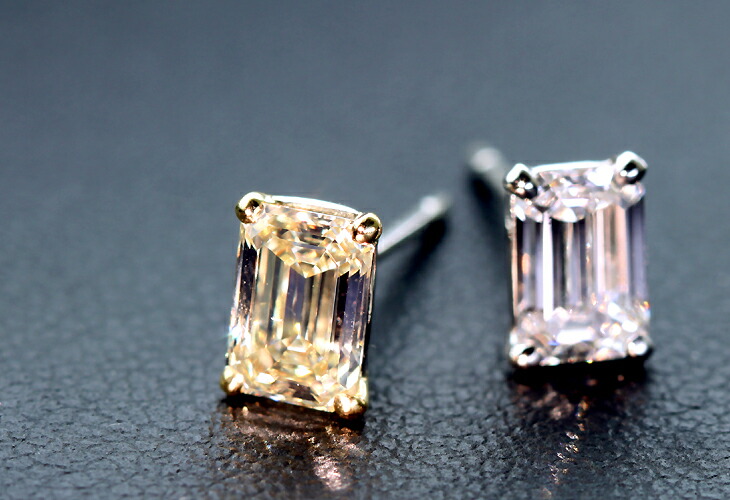 【HANDMADE】PT950/K18　0.55ct E VS2/0.714ct FANCY LIGHT YELLOW VVS1 エメラルドカットダイヤモンドピアス※GIA REPORT/中央宝石研究所ソーティングシート付