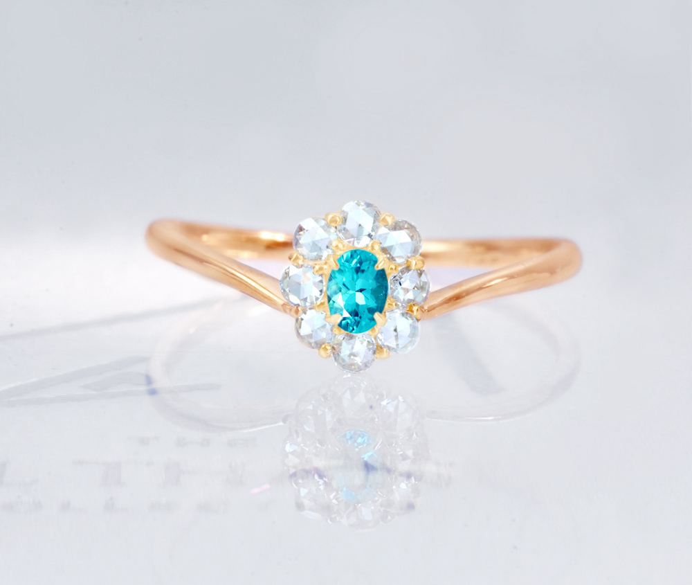 K18PG ブラジル産パライバトルマリン 0.081ct ダイヤモンド 0.155ct リング フラワーモチーフ《jewelry》