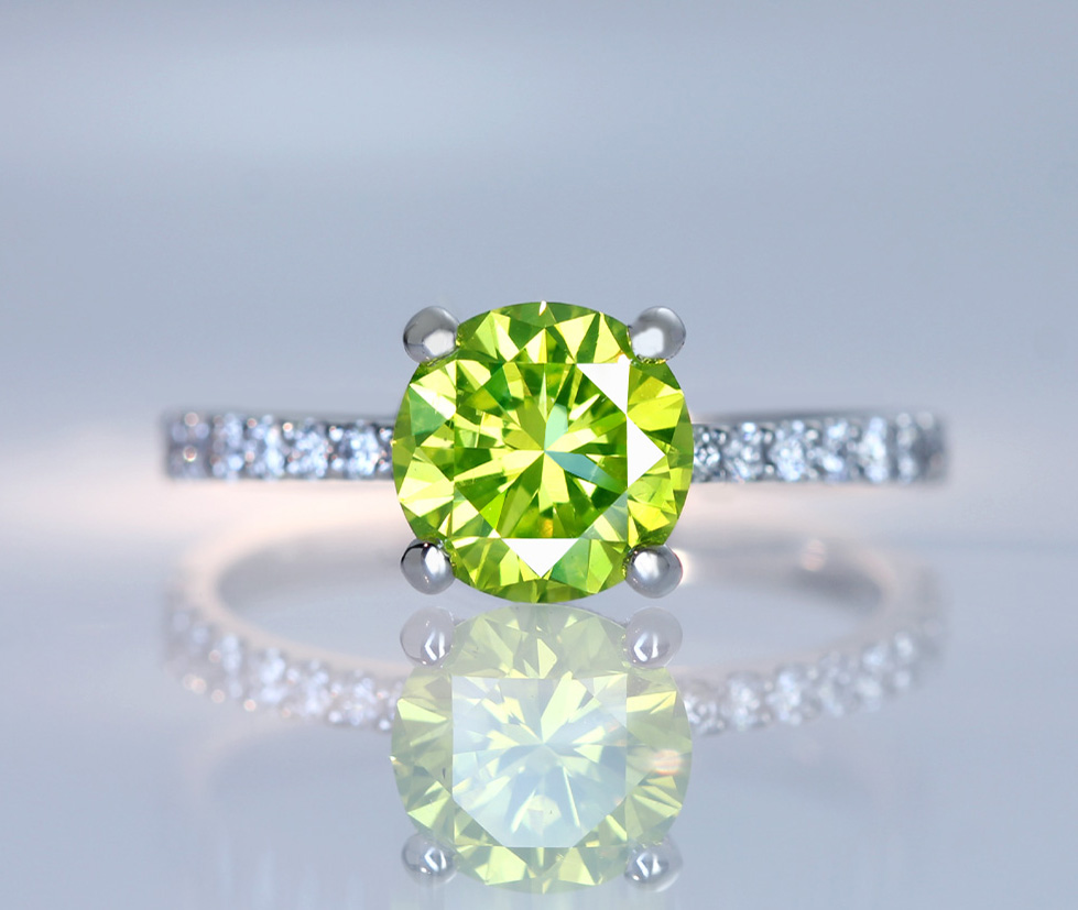 【HANDMADE】アップルグリーンダイヤモンド リング 1.46ct FANCY VIVID GREEN YELLOW VS2/ダイヤモンド 0.302ct PT950※GIA鑑定書付