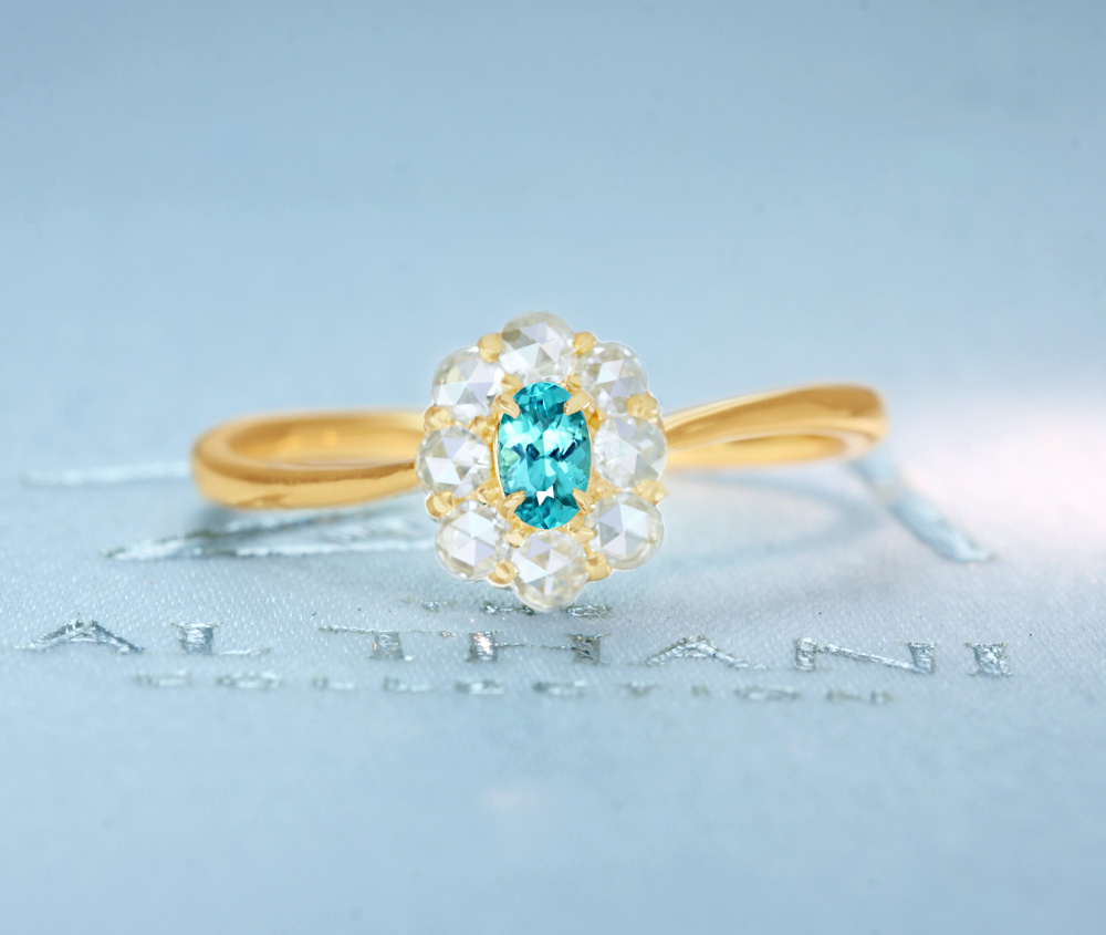 K18PG　ブラジル産パライバトルマリン　0.094ct　ローズカットダイヤモンド　0.173ct　リング　フラワーモチーフ《jewelry》