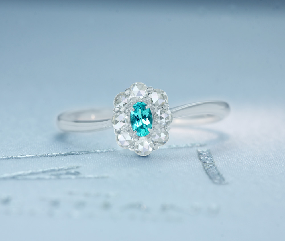 PT950　ブラジル産パライバトルマリン　0.094ct　ローズカットダイヤモンド　0.173ct　リング　フラワーモチーフ《jewelry》