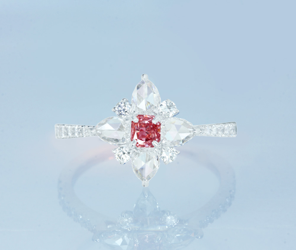 【特別価格】【HANDMADE】PT950　天然ピンクダイヤモンド　0.186ct　FANCY DEEP PINK SI-1　ダイヤモンド　0.603ct　リング　ローズカット